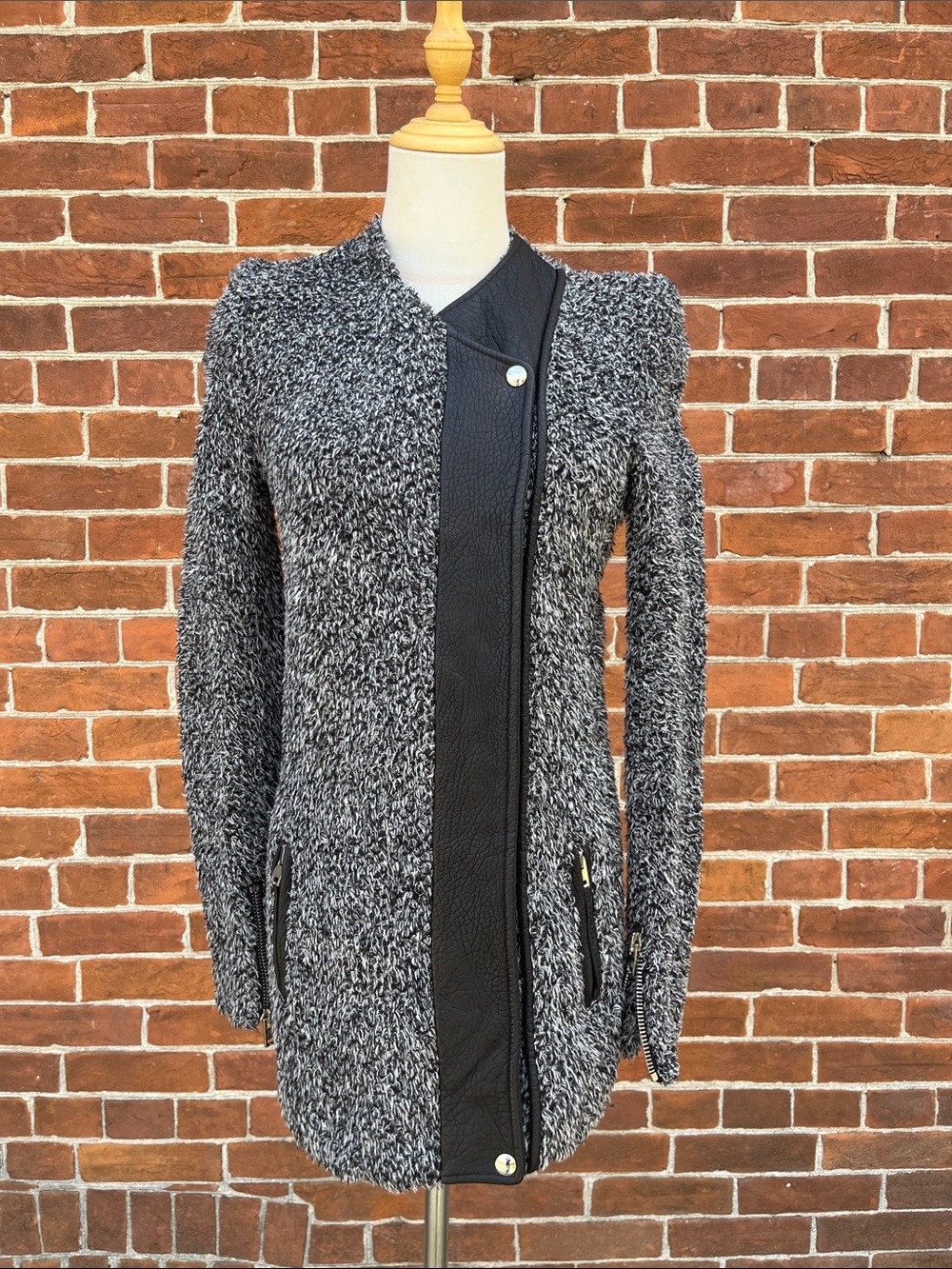 IRO Derby Boucle Knit Leather Trim Full Zip Jacket in Gris Souris